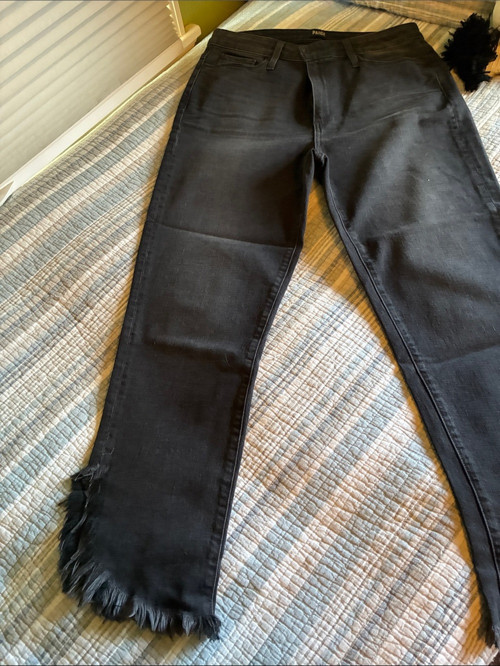 PAIGE Black Ankle Cropped Jeans with Fringe Hem
